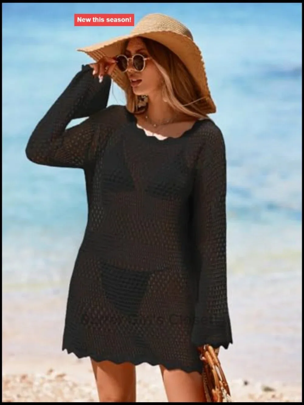 Womens Crochet Swimsuit Beach Cover Up Long Sleeve Mesh Knit Mini Dress
